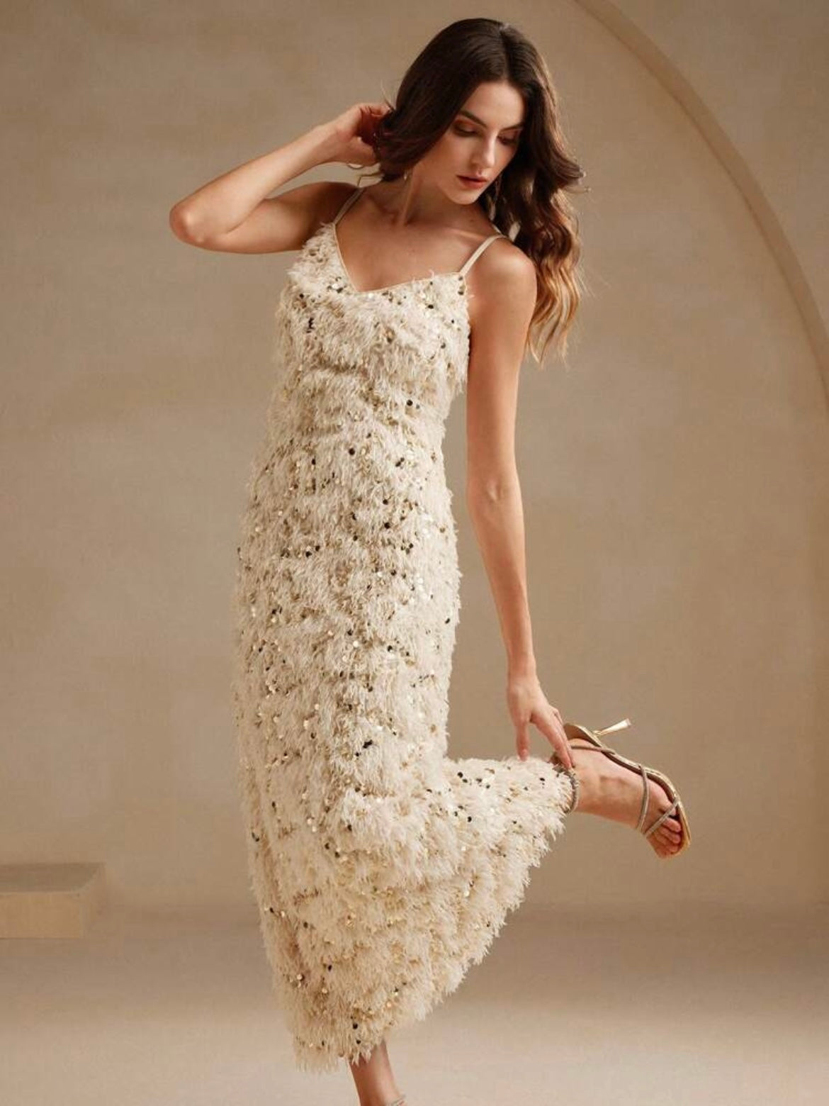 CM-DS722963 Women Elegant Seoul Style Fitted Sequin Embellished Feather Decor Slip Dress - Apricot