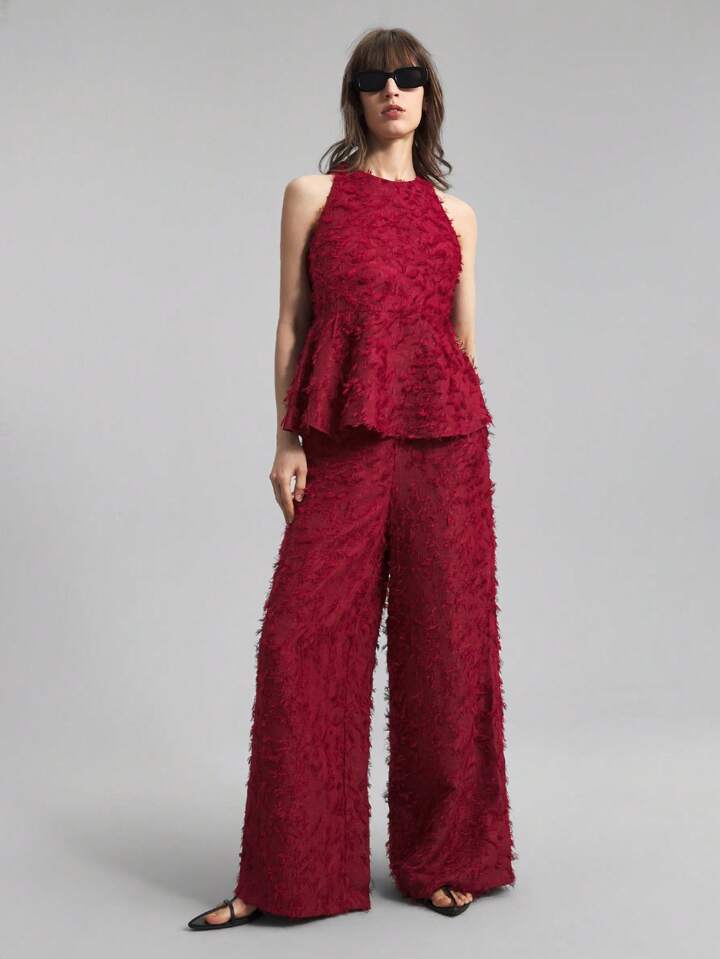 CM-SS069998 Women Elegant Seoul Style Texture Round Neck Sleeveless Top With Wide Leg Pants - Set
