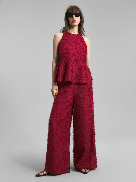 CM-SS069998 Women Elegant Seoul Style Texture Round Neck Sleeveless Top With Wide Leg Pants - Set