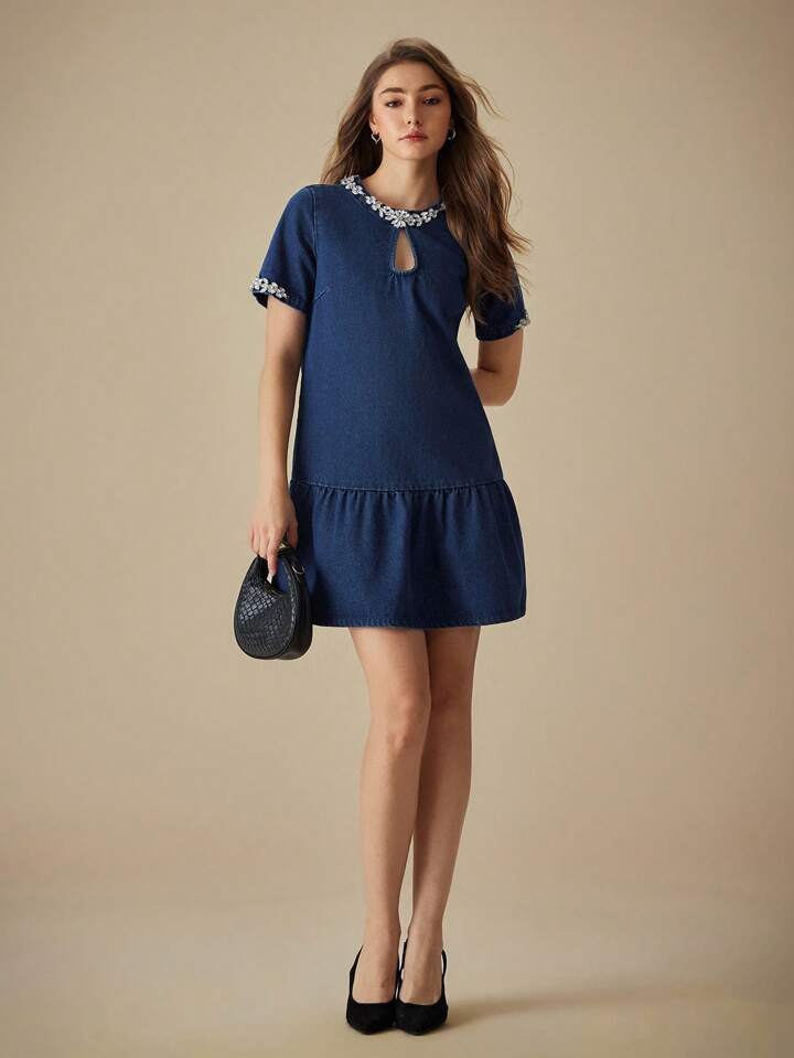 CM-DS884745 Women Casual Seoul Style Diamond Decor Round Neck Short Sleeve Denim Midi Dress - Blue