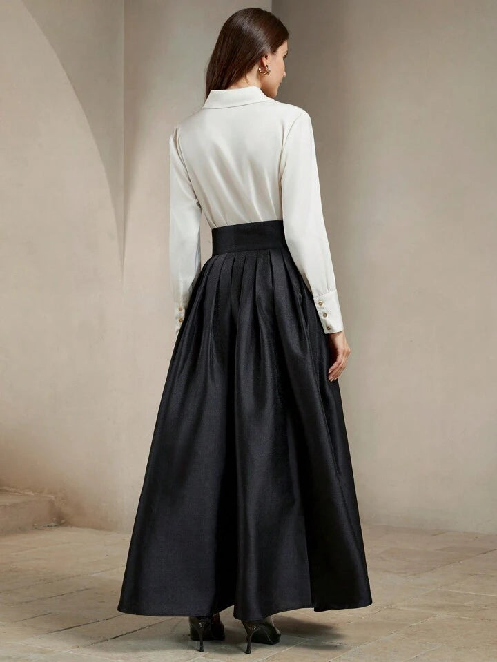 CM-BS549896 Women Elegant Seoul Style High Waisted Puff Pleated Long Skirt - Black