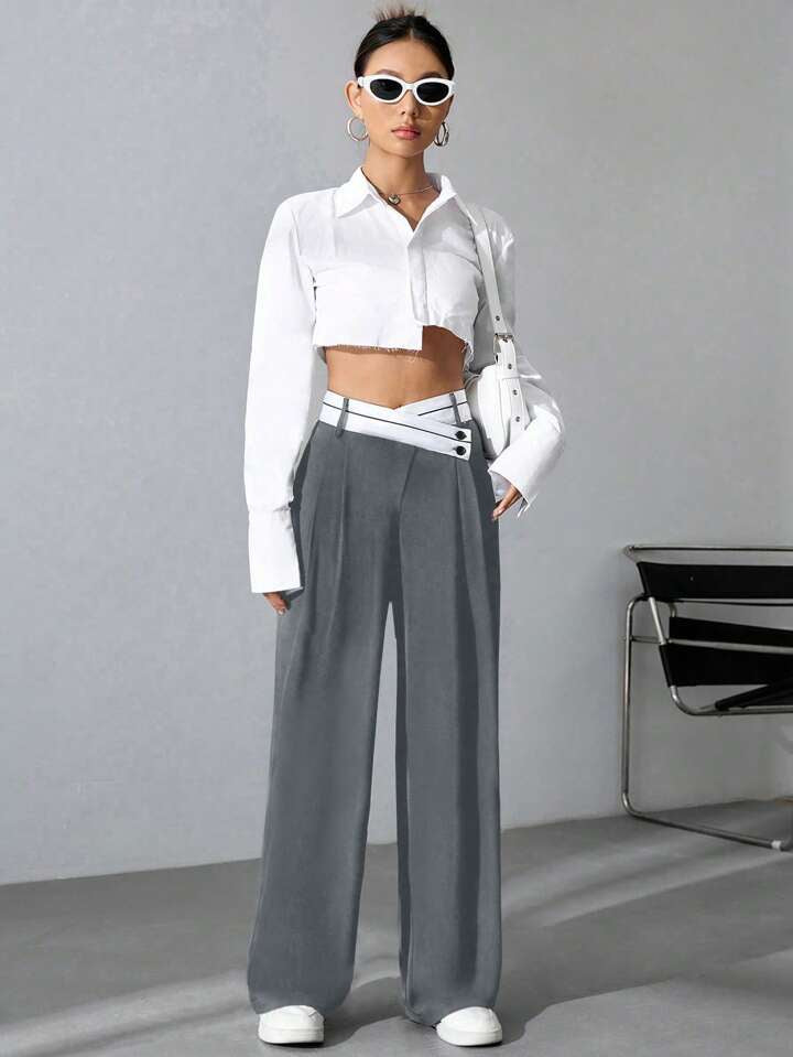 CM-BS040101 Women Casual Seoul Style Asymmetrical High Waist Straight Leg Pants - Gray