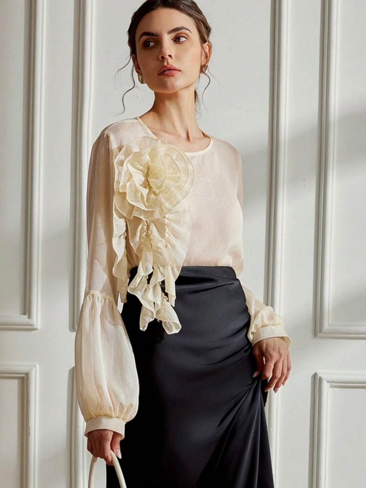 CM-TS856000 Women Elegant Seoul Style Sheer Textured 3D Floral Oversized Women Blouse - Yellow