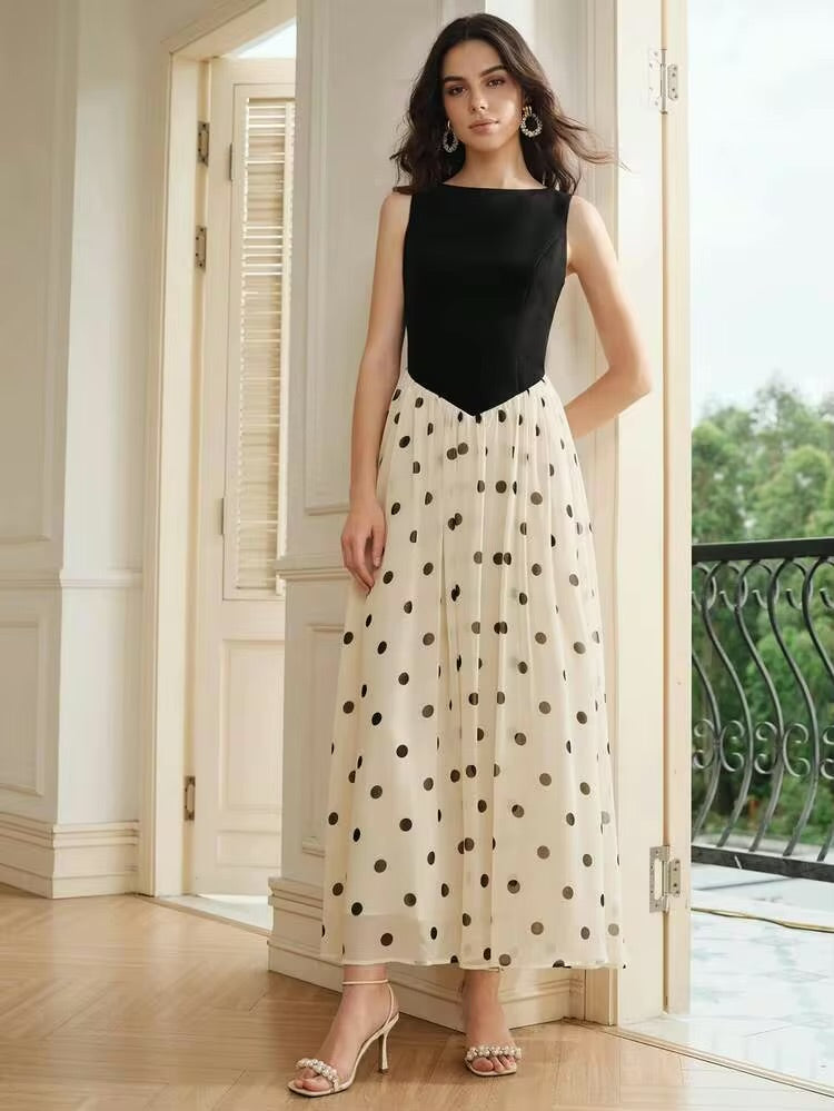 CM-DS474780 Women Elegant Seoul Style Boat Neck Sleeveless Polka Dot Print Patchwork Long Dress