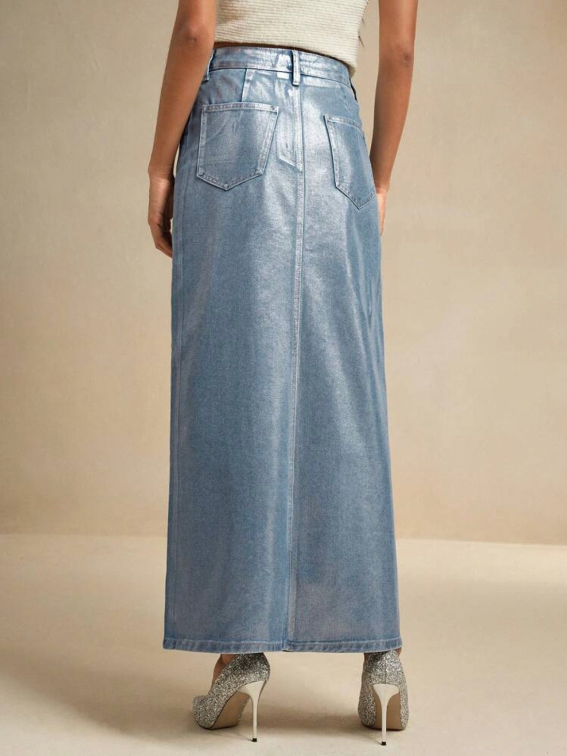 CM-BS400193 Women Casual Seoul Style Solid Color Pocketed Versatile Denim Maxi Skirt - Blue