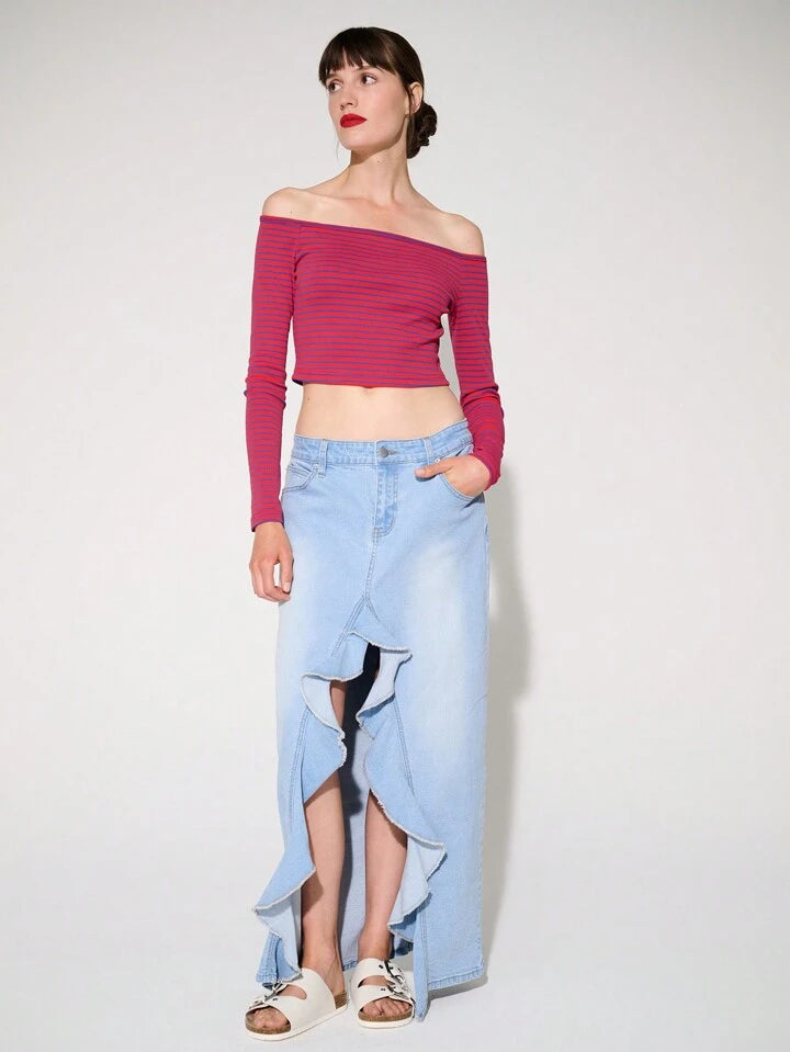 CM-BS091661 Women Casual Seoul Style Ultra Low Waist Ruffled Slit Stretch Denim Maxi Skirt - Blue