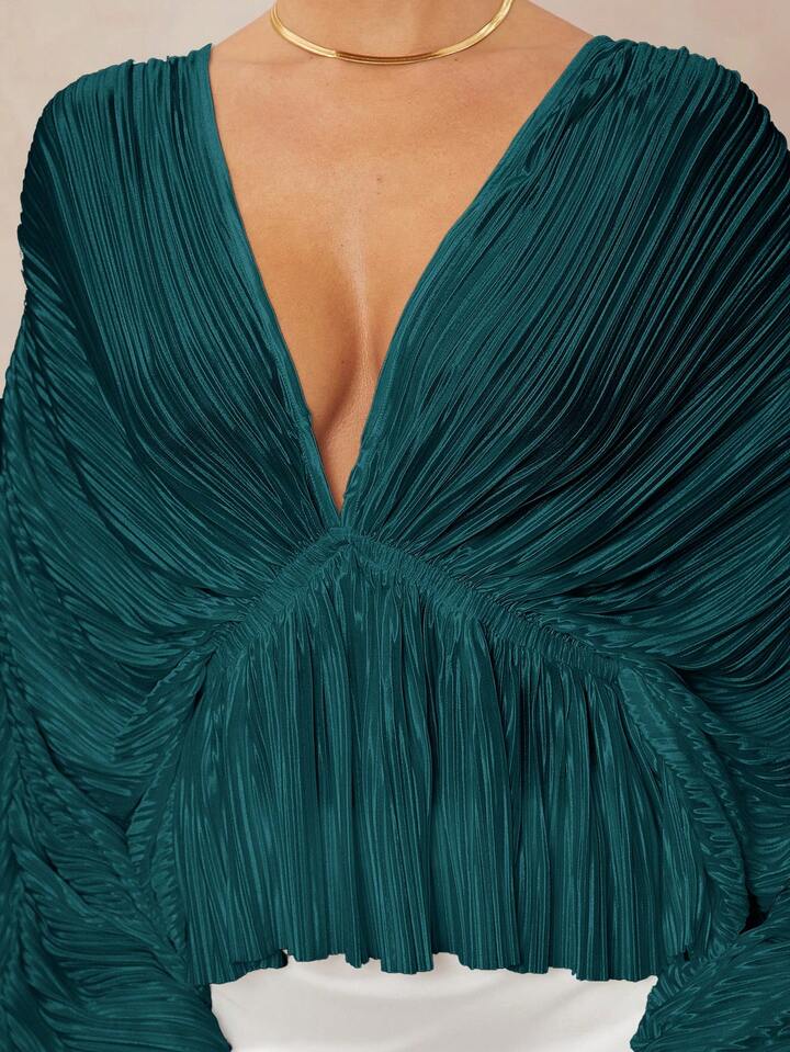 CM-TS230198 Women Elegant Seoul Style Deep V-Neck Long Sleeve Loose Fit Ruffled Hem  Oversized Blouse - Teal Blue