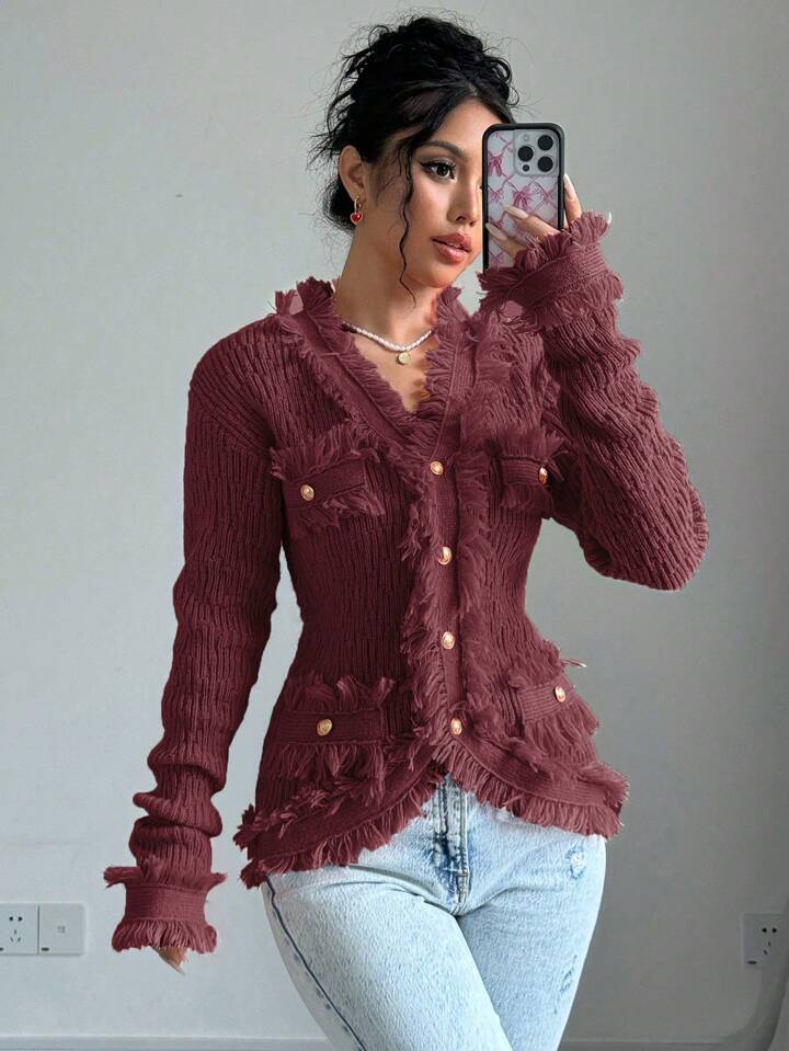 CM-CS772247 Women Casual Seoul Style Button Pockets Fringed Edges Long Sleeve Cardigan - Red Violet