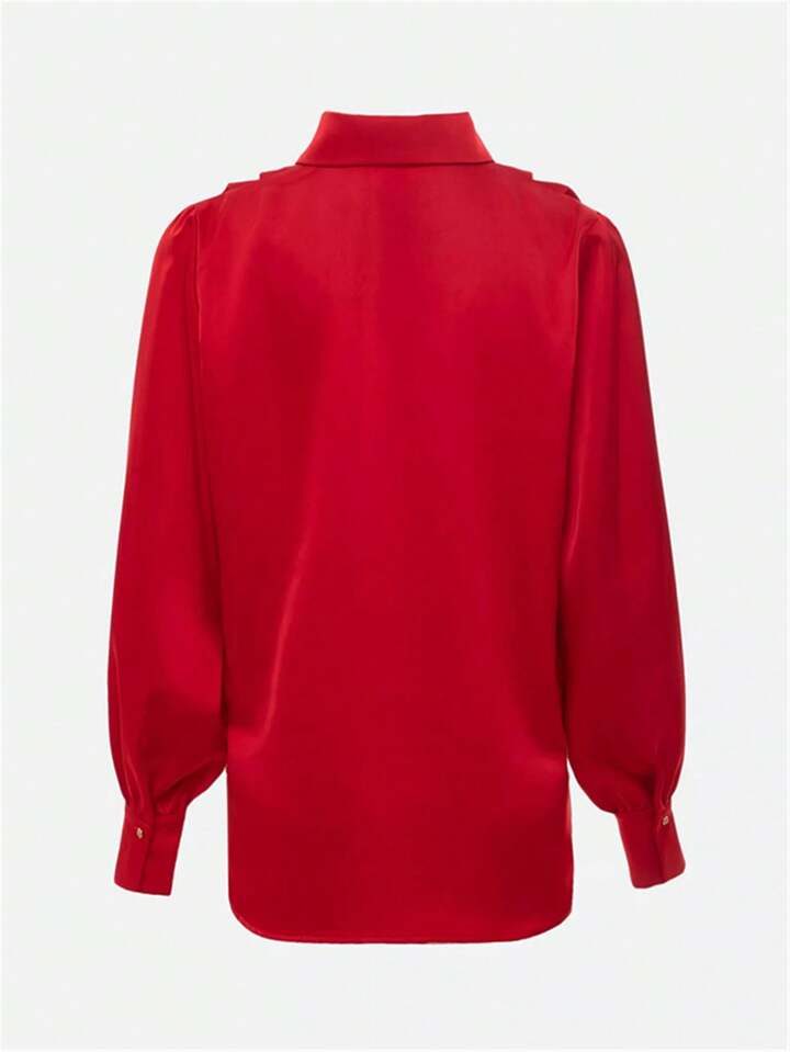 CM-TS338316 Women Elegant Seoul Style Open Shirt Collar Long Sleeve Blouse - Red