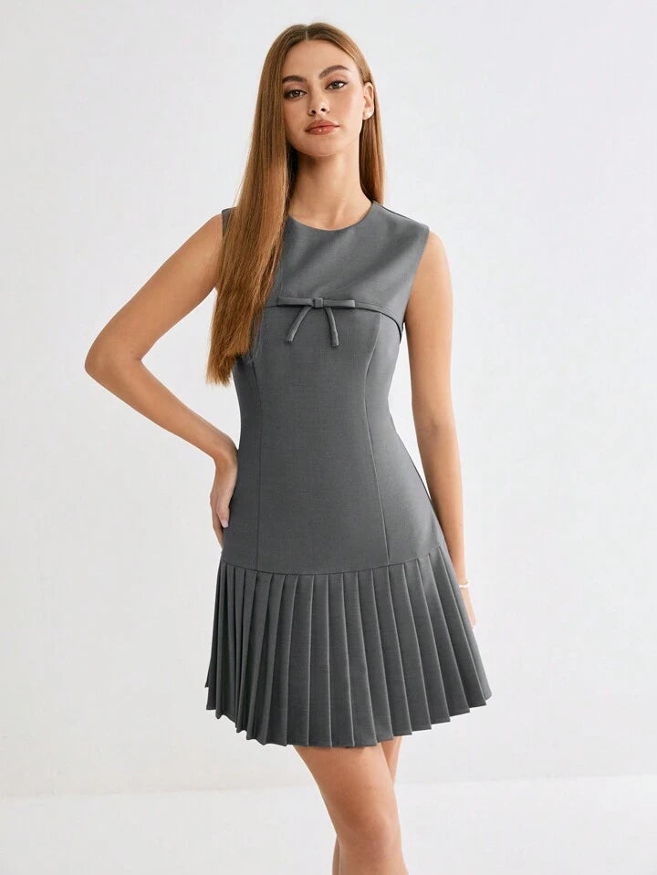 CM-DS694581 Women Casual Seoul Style Bowknot Round Neck Sleeveless Pleated Hem Short Dress - Gray