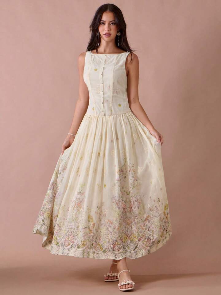 CM-DS074678 Women Elegant Seoul Style Floral Print Embroidered Single-Breasted Sleeveless Long Dress