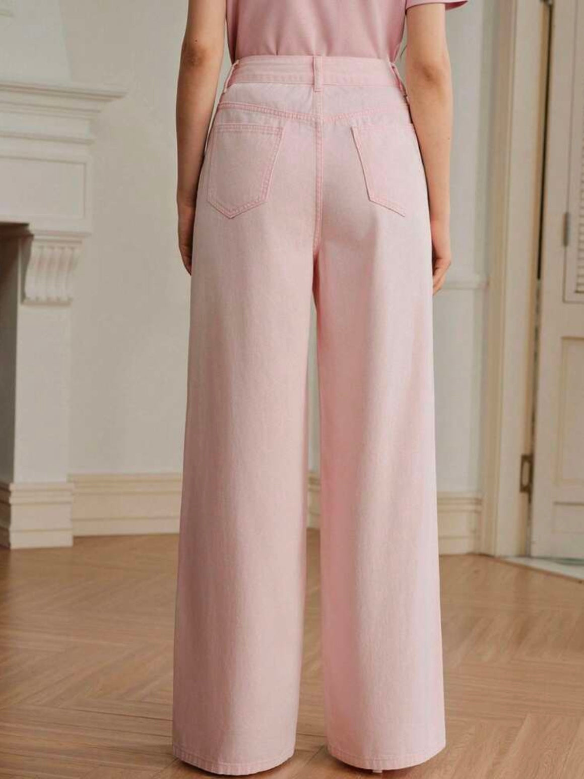 CM-BS535860 Women Elegant Seoul Style Mid Waist Beaded Rhinestone Straight Leg Jeans - Pink