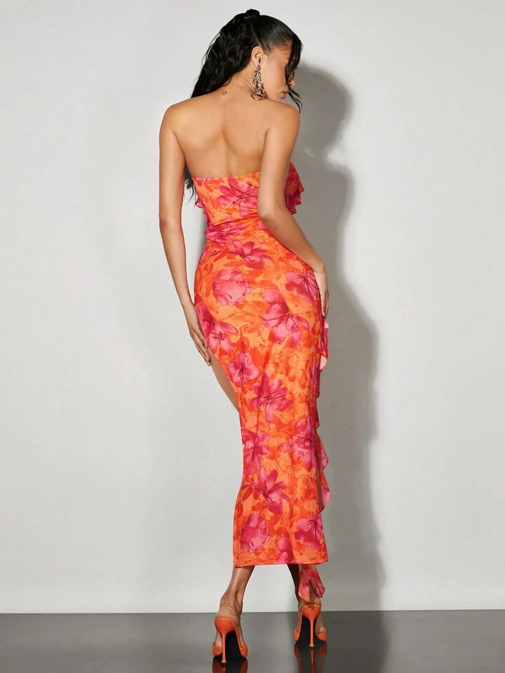 CM-DS890199 Women Casual Seoul Style Strapless Layered Floral Mermaid Long Dress