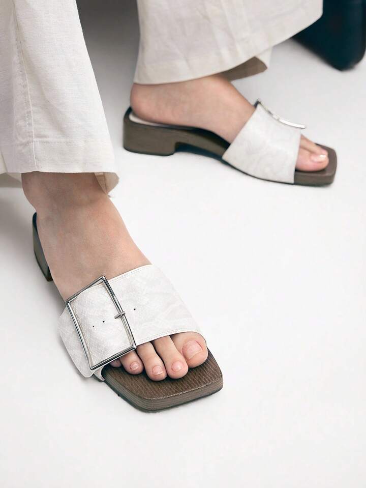 CM-SHS493873 Women Trendy Seoul Style Wooden Slip-On With Large Buckle PU Wedge Sandals - White