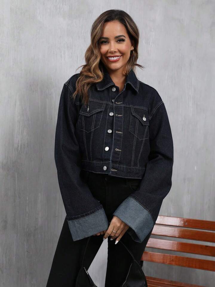 CM-CS534735 Women Casual Seoul Style Collar Neckline Extra Long Rolled Sleeve Denim Jacket - Blue