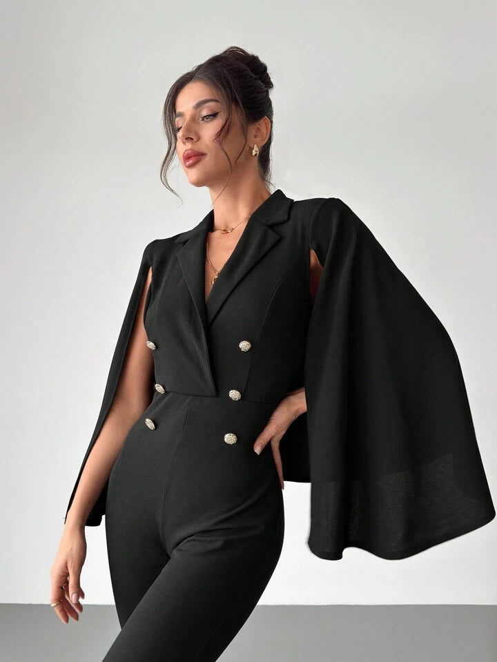 CM-JS147443 Women Elegant Seoul Style Suit Collar Cape Sleeve Slim Long Jumpsuit - Black
