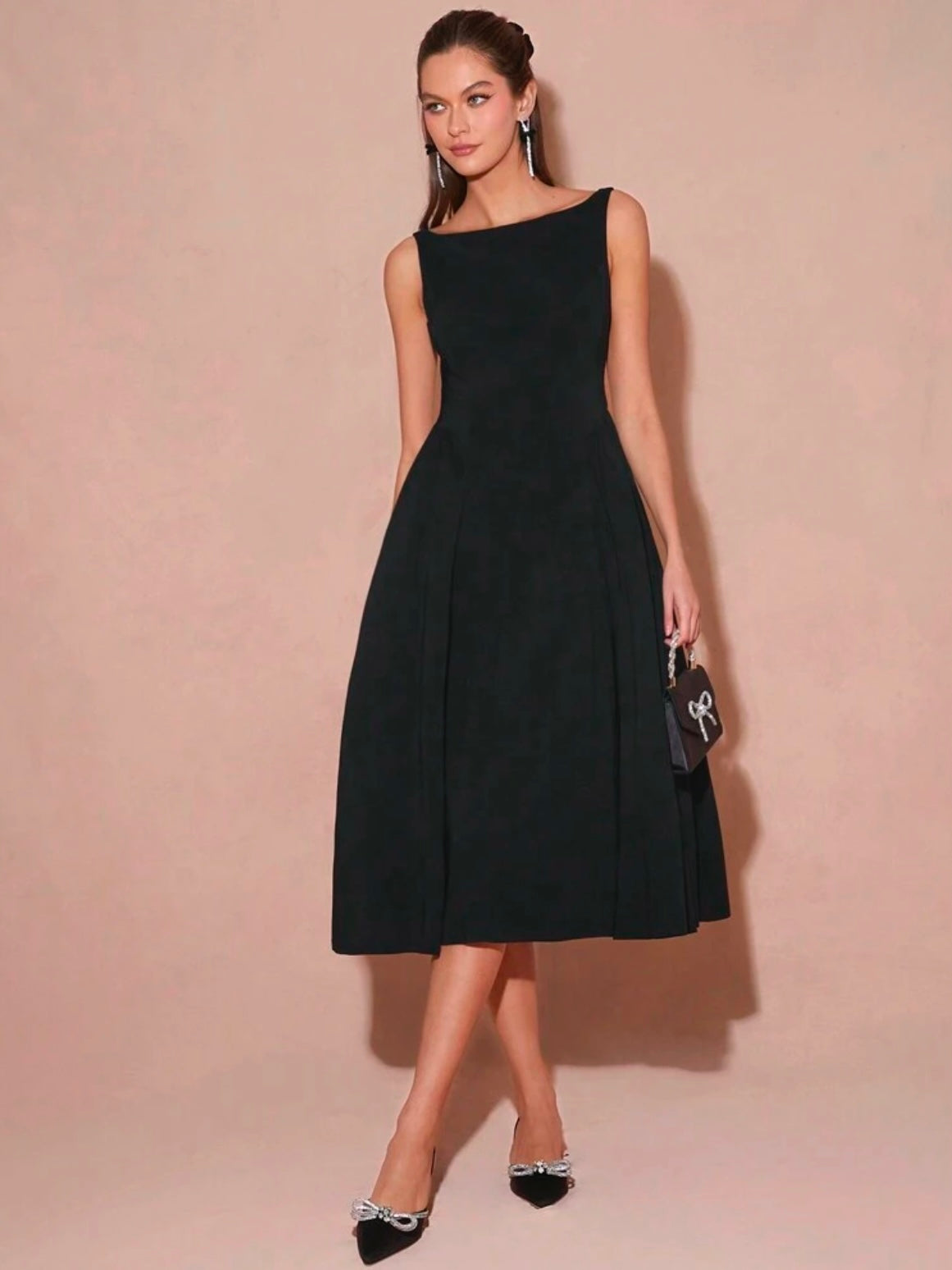 CM-DS132233 Women Elegant Seoul Style Boat Neck Sleeveless Backless A-Line Long Dress - Black