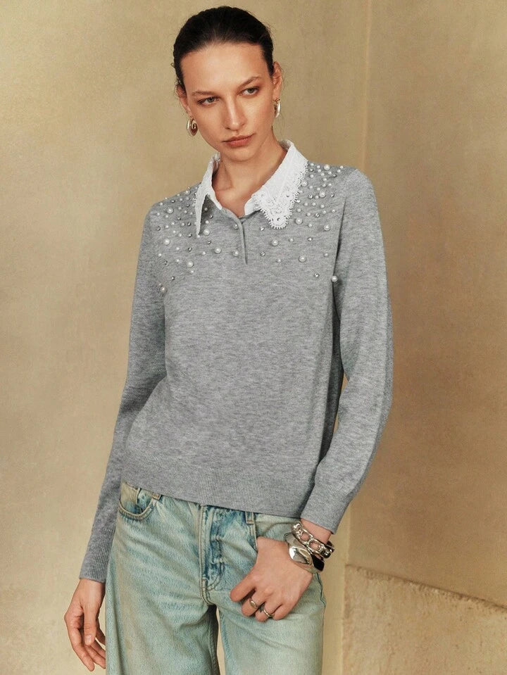 CM-CS224992 Women Elegant Seoul Style Contrast Lace Asymmetrical Gradient Bubble Beads Decor Sweater