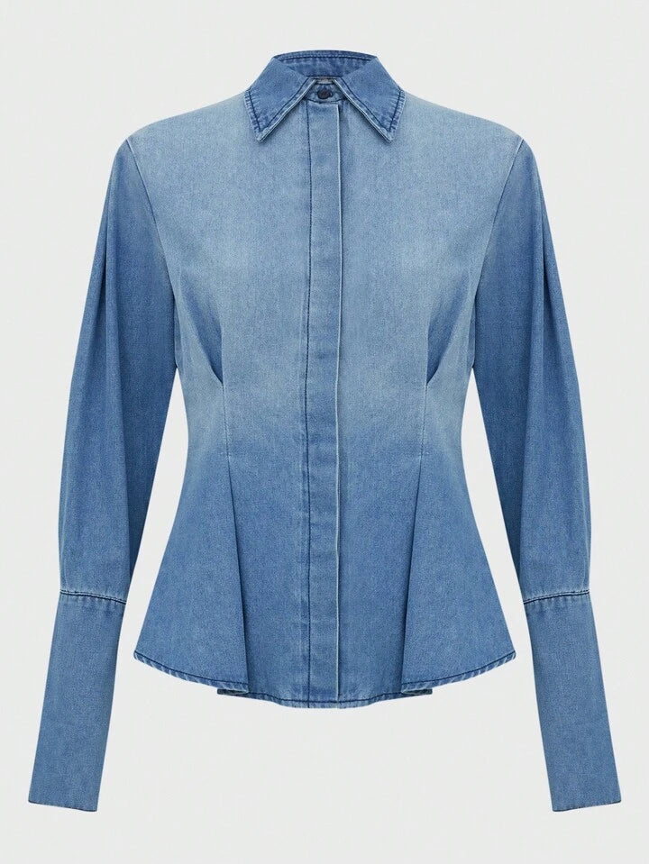 CM-TS723297 Women Elegant Seoul Style Medium Wash Collar Neckline Waist Cinched Long Sleeve Pleated Denim Shirt