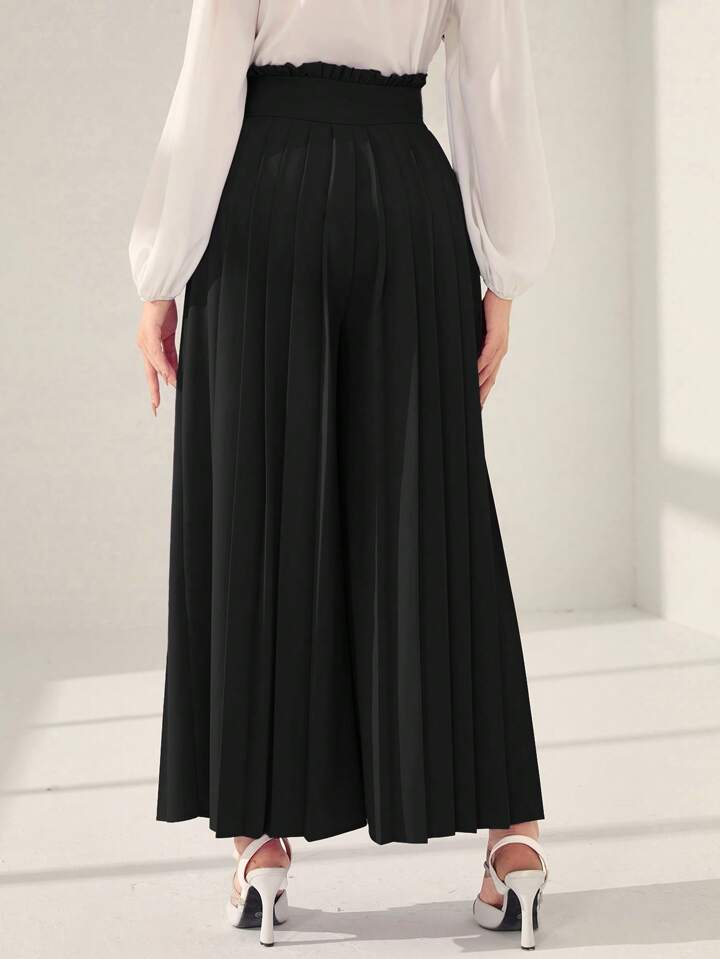 CM-BS451450 Women Trendy Bohemian Style High Waist Pleated Wide Leg Pants - Black