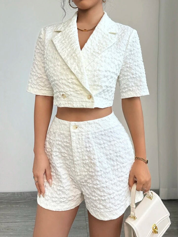 CM-SS861433 Women Casual Seoul Style Lapel Short Sleeve Button Blouse With Shorts - Set