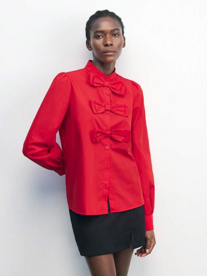 CM-TS178815 Women Elegant Seoul Style Bow Decor Shirt Collar Button-Up Long Sleeve Blouse - Red