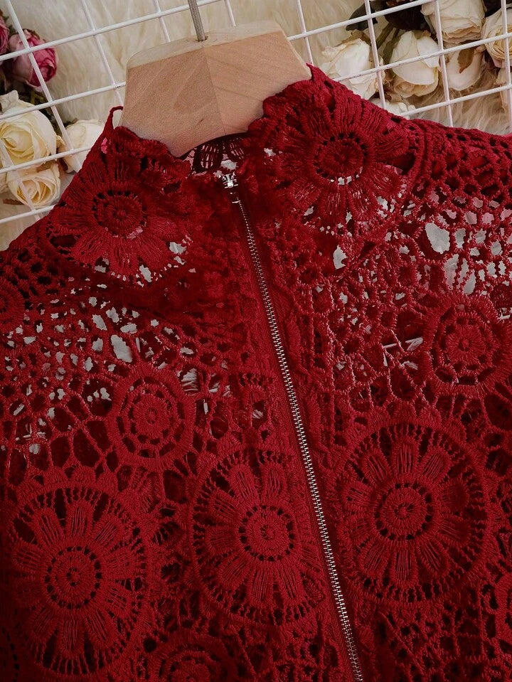 CM-TS677566 Women Casual Seoul Style Floral Lace Hollow Zipper Front Long Sleeve Blouse - Red