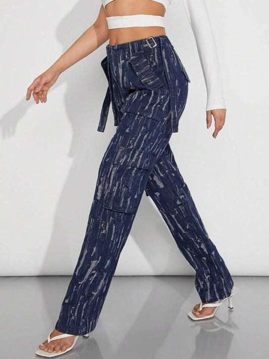 CM-BS877198 Women Casual Seoul Style Medium Wash Elastic Wasist Ripped Strap Wide Leg Cargo Jeans