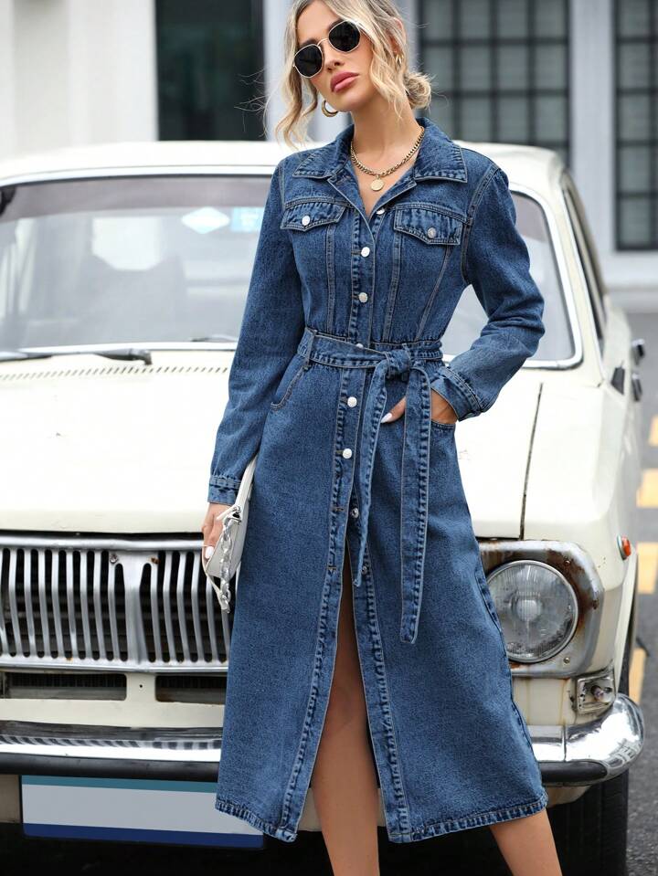 CM-DS140304 Women Casual Seoul Style Collar Neckline Fake Pocket-Breasted Belted Denim Dress - Blue