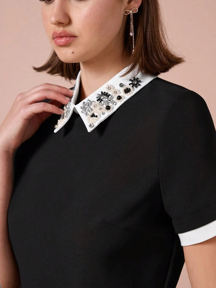 CM-DS235485 Women Elegant Seoul Style Pearl Rhinestone Decor Collar Short Sleeve A-Line Short Dress