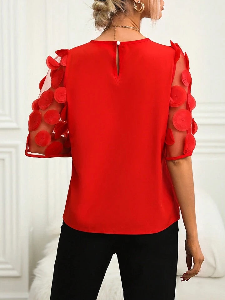 CM-TS636193 Women Casual Seoul Style Round Neck Contrast Mesh Sleeve Blouse - Red