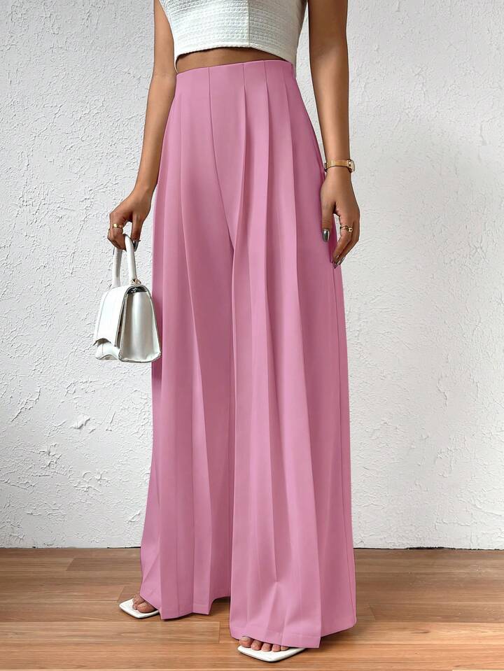 CM-BS903355 Women Casual Seoul Style Elastic Waist Pleated Wide Leg Pants - Pink