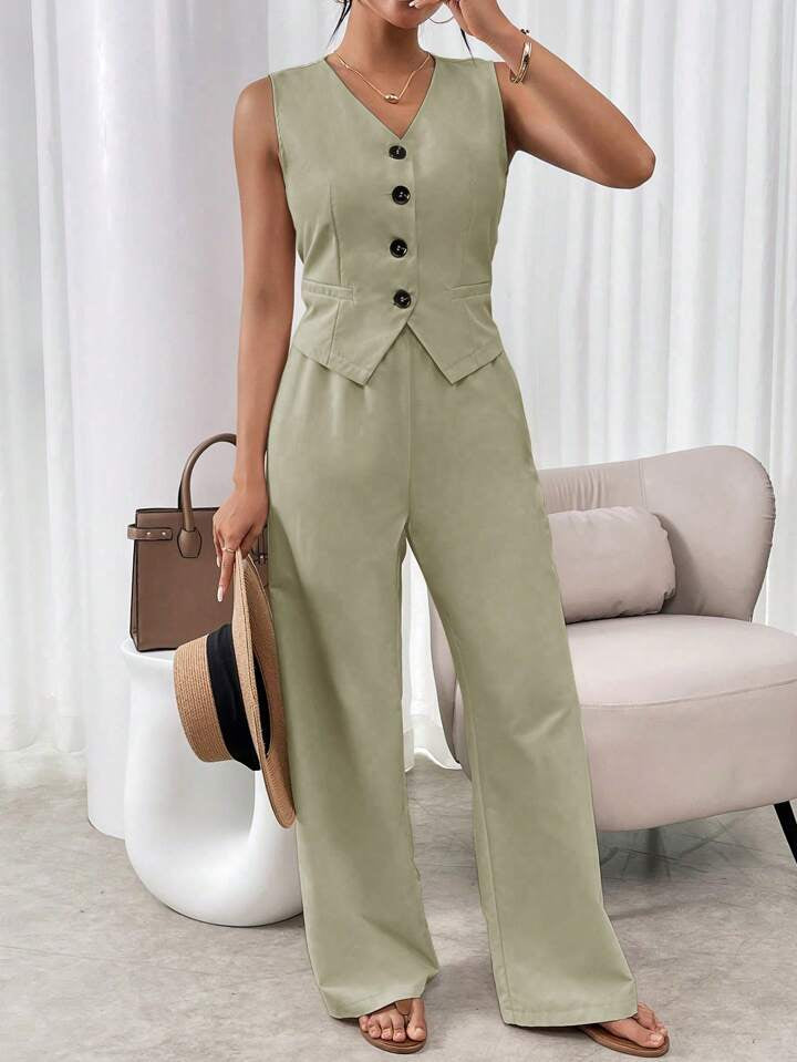 CM-SS881449 Women Casual Seoul Style V-Neck Sleeveless Single Breasted Suit Vest With Long Pants - Green