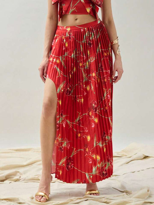 CM-BS594663 Women Trendy Bohemian Style Floral Allover Print High Slit Pleated Skirt