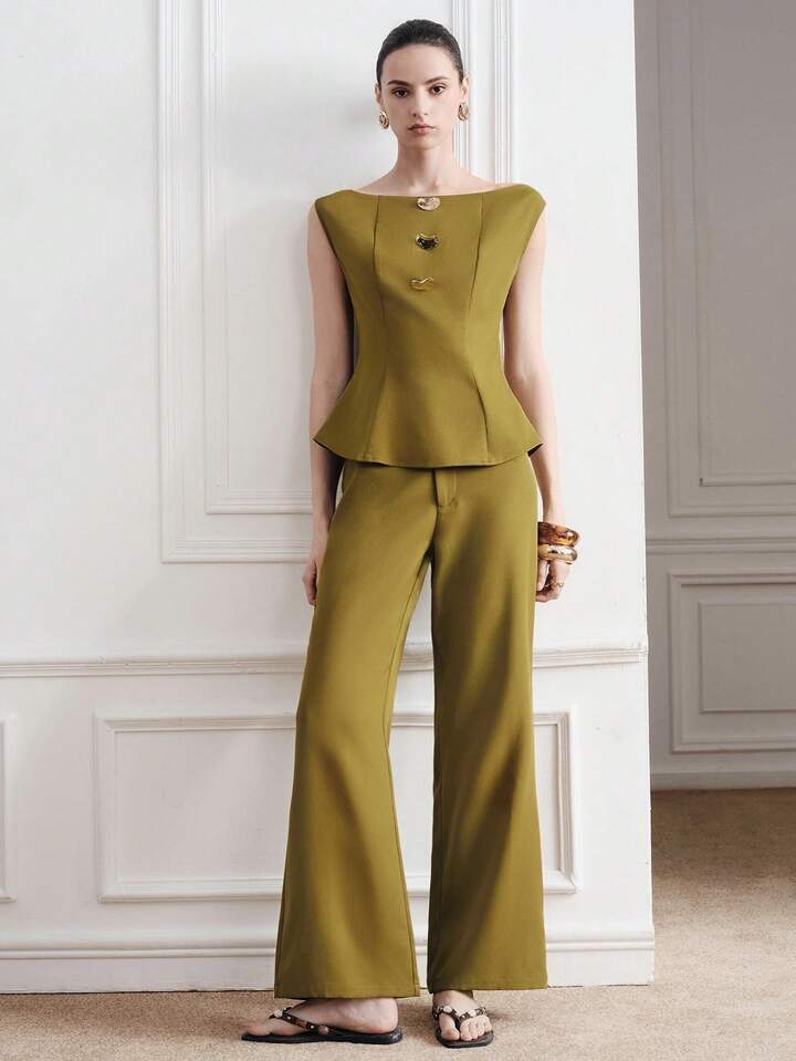 CM-SS271644 Women Elegant Seoul Style Boat Neck Metal Buckle Sleeveless Crop Top With Straight Leg Flare Pants - Set