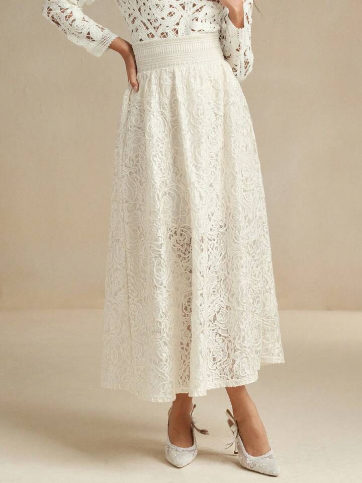CM-BS269985 Women Elegant Seoul Style High Waist Floral Lace Jacquard Sheer Layered Skirt - Apricot