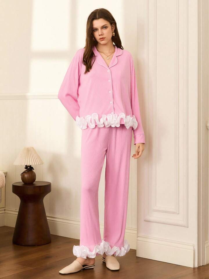 CM-LS632282 Women Trendy Seoul Style 3D Floral Patchwork Lapel Asymmetrical Ribbed Pajama Set - Pink