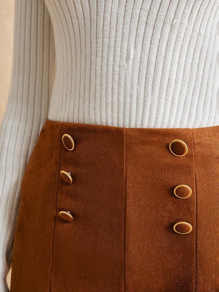 CM-BS014459 Women Trendy Bohemian Style Suede Front Decorative Button Long Pants - Brown