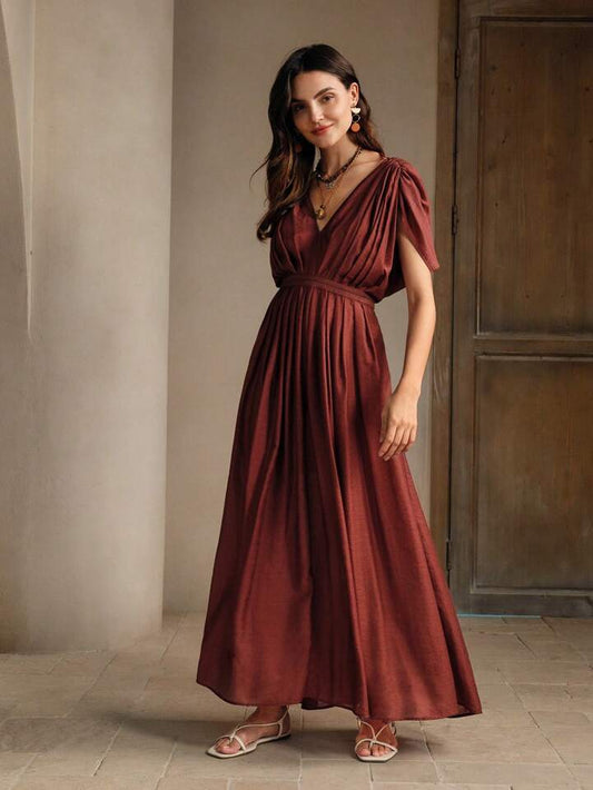 CM-DS454083 Women Trendy Bohemian Style V-Neck Puff Sleeve Pleated Waist Long Dress - Rust Brown