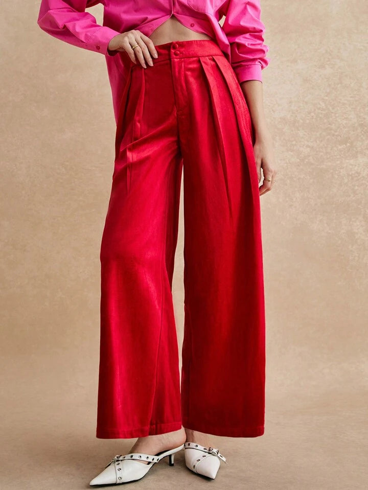 CM-BS143380 Women Elegant Seoul Style Waistband Double Button Velvet Pleated Trousers - Red