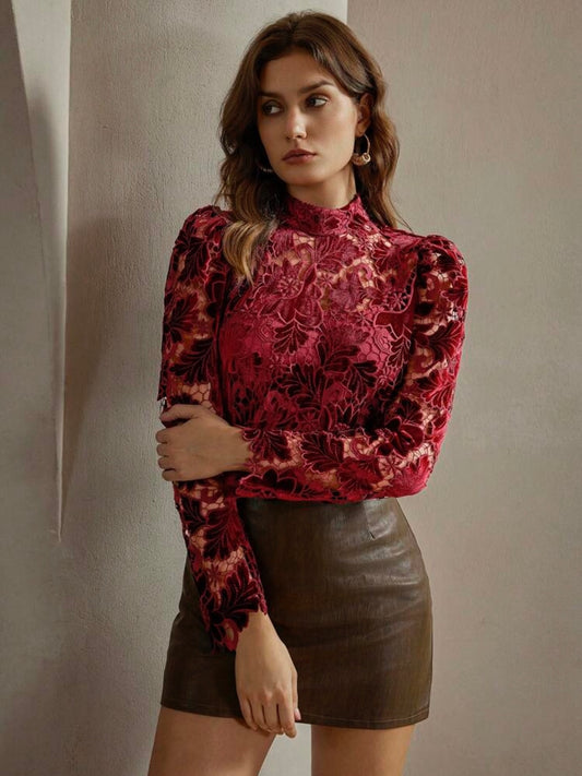 CM-TS848234 Women Elegant Seoul Style Stand Collar Long Sleeve Cut Out Floral Print Blouse