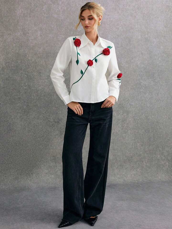 CM-TS821266 Women Elegant Seoul Style 3D Floral Print Embroidery Front Button Long Sleeve Shirt