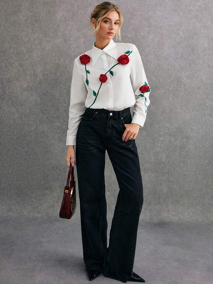 CM-TS821266 Women Elegant Seoul Style 3D Floral Print Embroidery Front Button Long Sleeve Shirt
