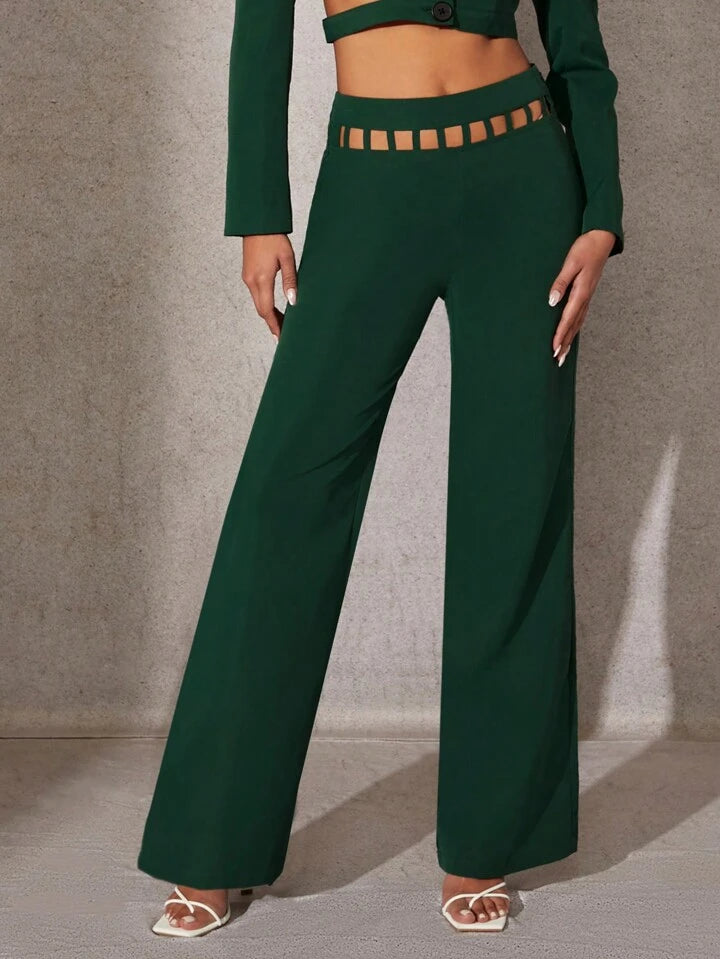 CM-BS919322 Women Elegant Seoul Style Grid Cut Out Waist Wide Leg Pants - Green