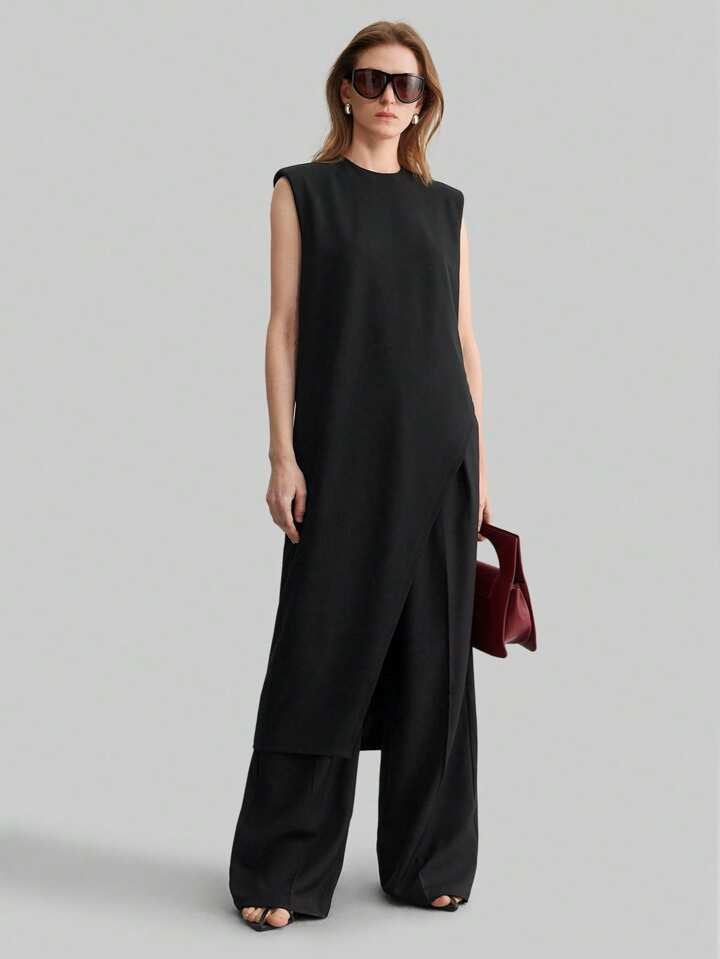 CM-TS650838 Women Casual Seoul Style Round Neck Wide Shoulder Sleeveless Asymmetric Hem Mid-Length Top - Black