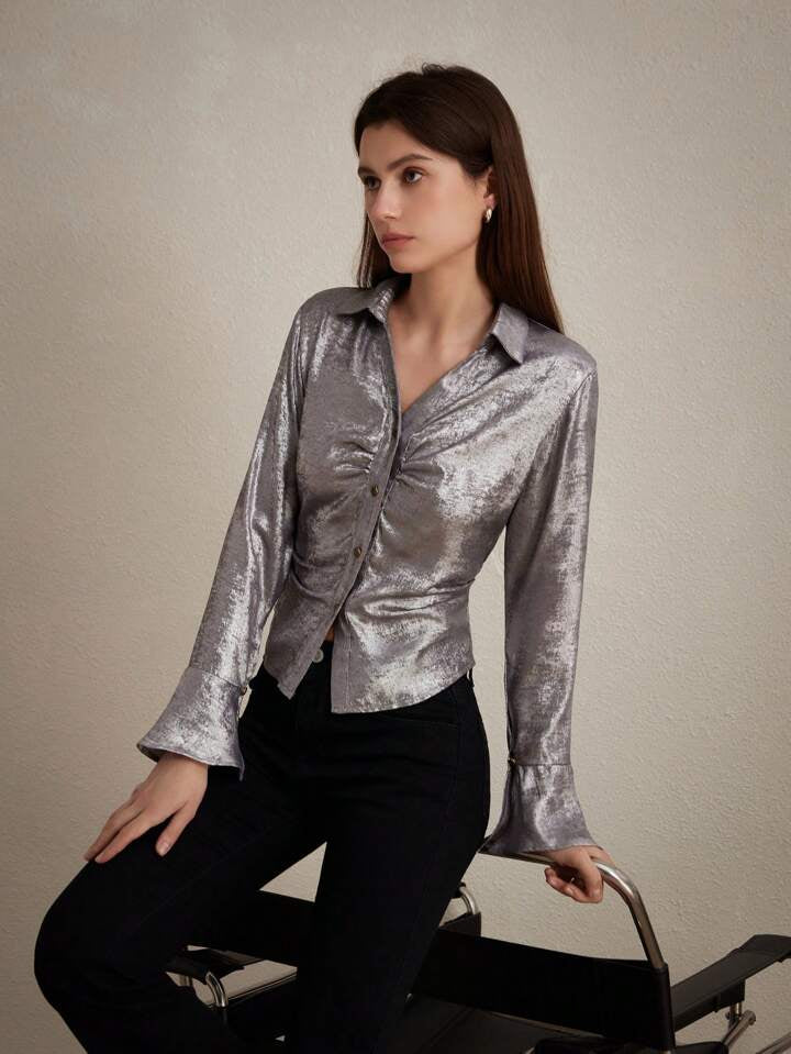 CM-TS271942 Women Elegant Seoul Style Shiny Metallic Gloss Flared Sleeve Shirt - Silver