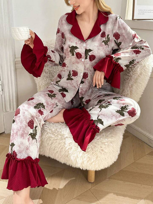 CM-LS114412 Women Trendy Seoul Style Colorblock Ruffle Collar Bubble Crepe Floral Print Sleepwear Set