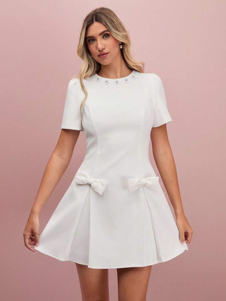 CM-DS731183 Women Elegant Seoul Style Round Neck Short Sleeve Bow Decor Mini Dress - White