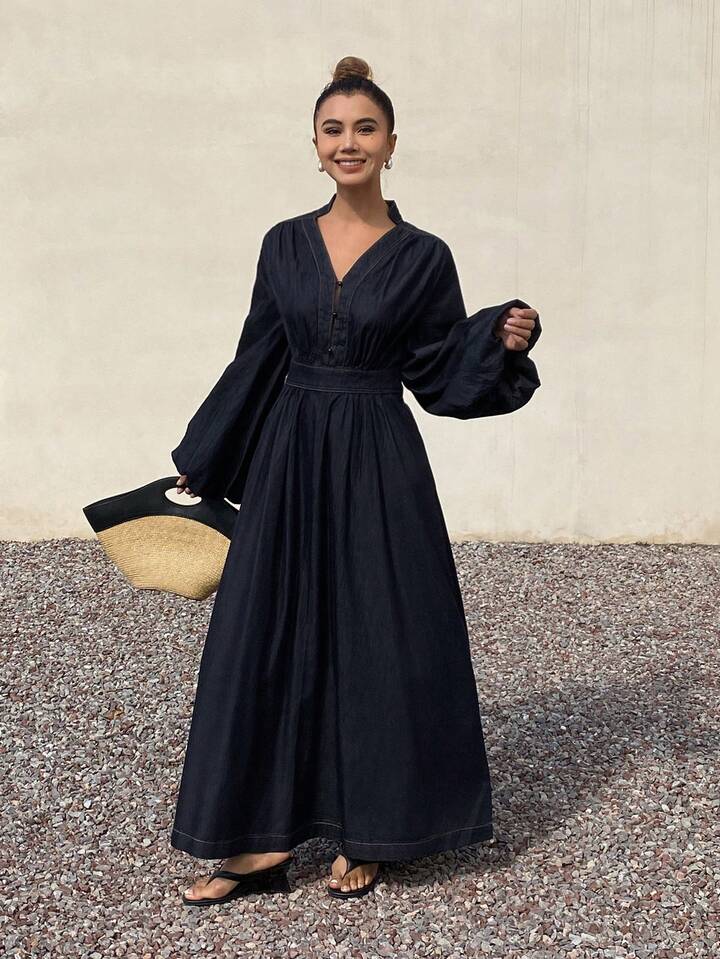 CM-DS647787 Women Casual Seoul Style V-Neck Ruched High Waist Puff Sleeve Denim Dress - Blue