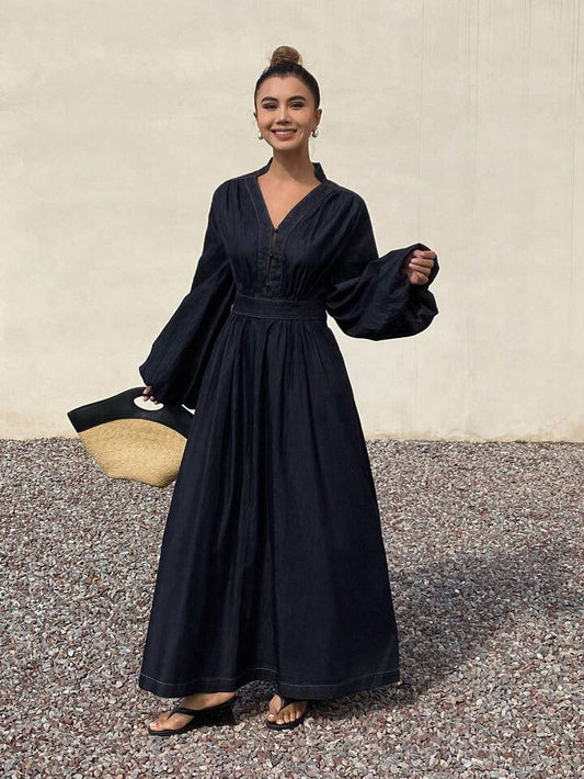 CM-DS647787 Women Casual Seoul Style V-Neck Ruched High Waist Puff Sleeve Denim Dress - Blue